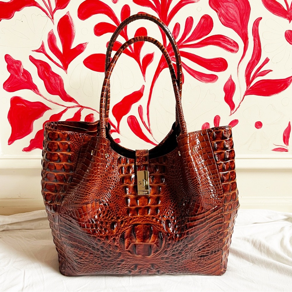 Brahmin Large Croc Embossed Leather Tote Bag Red Pecan Brown